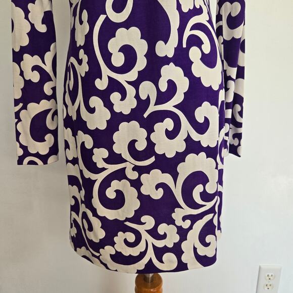 Diane von Furstenberg Reina Long Sleeve Dress Silk Purple Scroll Print Women 8 - Picture 7 of 12